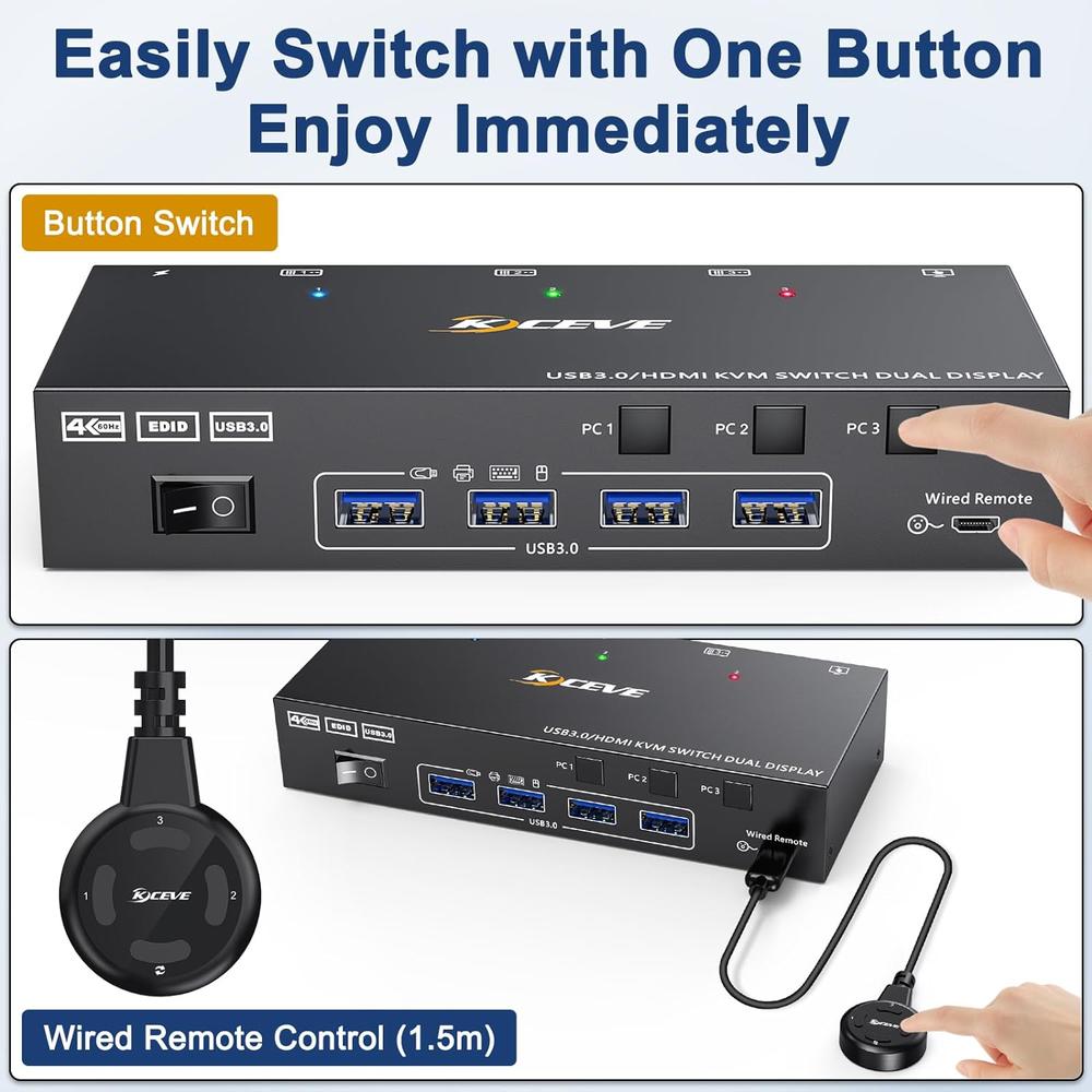 Great Choice Products Hdmi Kvm Switch 2 Monitors 3 Computers 4K@60Hz, ,Dual Monitor Kvm Switch For 3 Computers Share 2 Displays And Keyboard M…
