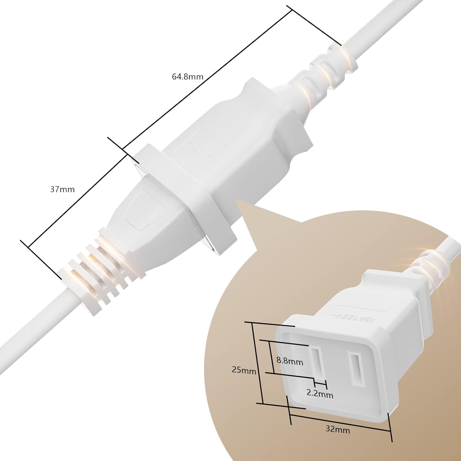 Great Choice Products White 2 Prong Power Extension Cord 1.6Ft, Tiny Short Us Male-Female Single Plug Extension Power Cable 16Awg 13A/125V Spt…