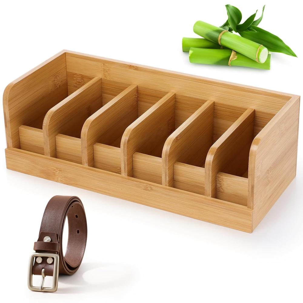 Great Choice Products Wooden Belt Organizer For Men, Bamboo Home Belt Storage Box For Closet And Drawer, 6-Grid Belt Packaging Box, Wardrobe O…