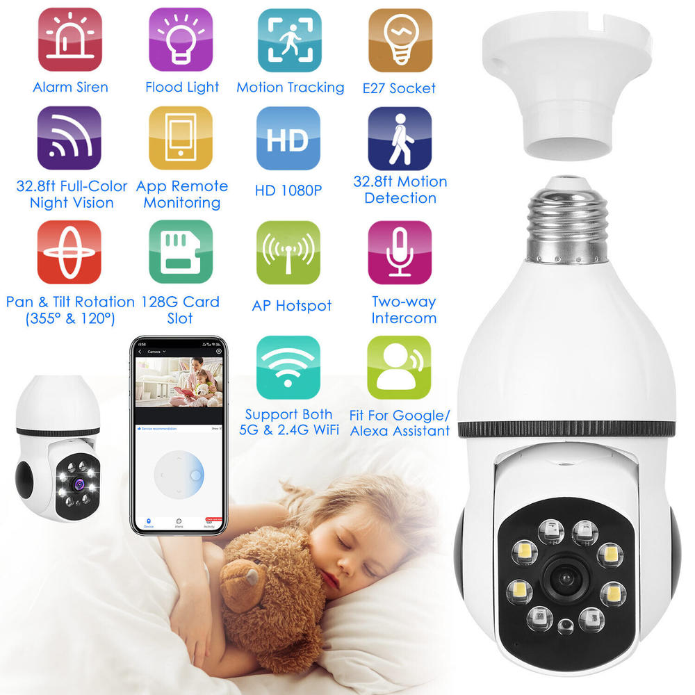 imountek 1080P WiFi IP Camera Night Vision Home Smart E27 Bulb Security Camera with Base
