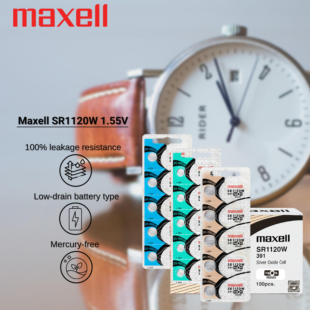 Maxell 391 SR1120W 1.55V Silver Oxide Watch Battery Button (100 Batteries)