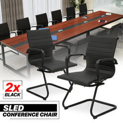 Great Choice Products [Pair Set]Black Leather Sled Base Guest Chair Meeting Room Conference Clerk Seat