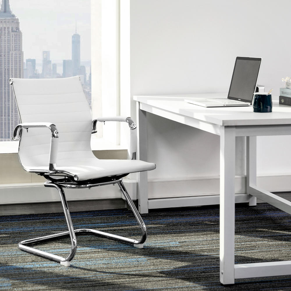 Great Choice Products White Leather Reception Waiting Room Guest Chiar Sled Base Conference Desk Seat