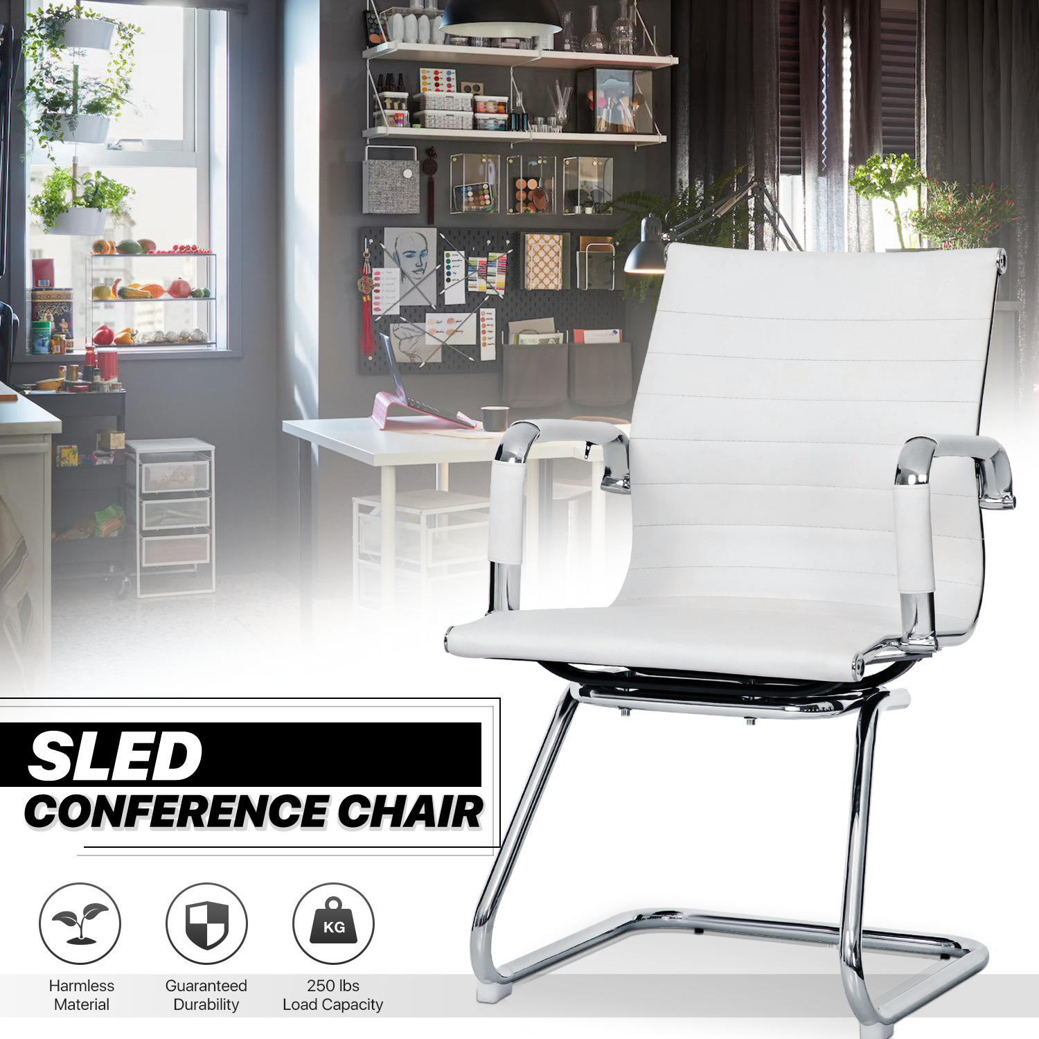 Great Choice Products White Leather Reception Waiting Room Guest Chiar Sled Base Conference Desk Seat