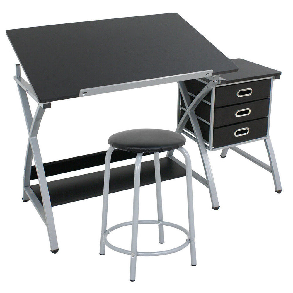Great Choice Products Adjustable Drawing Desk Drafting Table Art Craft W/ Drawers Black Studio Design