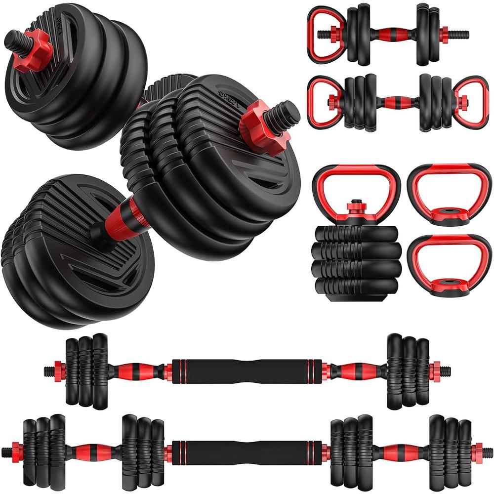 GCP Products Adjustable Dumbbell Set 20LBS/35LBS/55LB/70LBS/90lbs Free Weights Dumbbells, 4 in 1 Weight Set, Dumbbell, Barbell, Kettlebell,