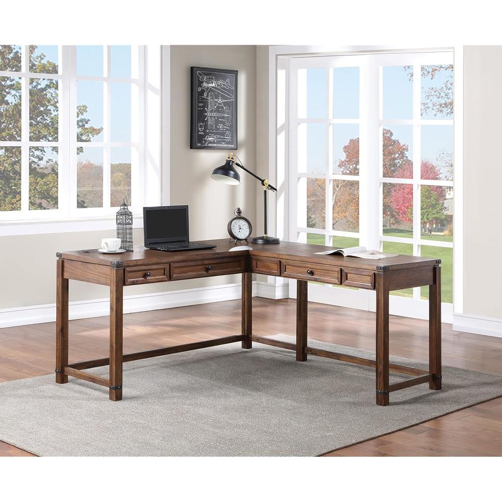 Great Choice Products Baton Rouge Rustic L-Shape Office Desk With Power Port Drawer, Brushed Walnut Finish