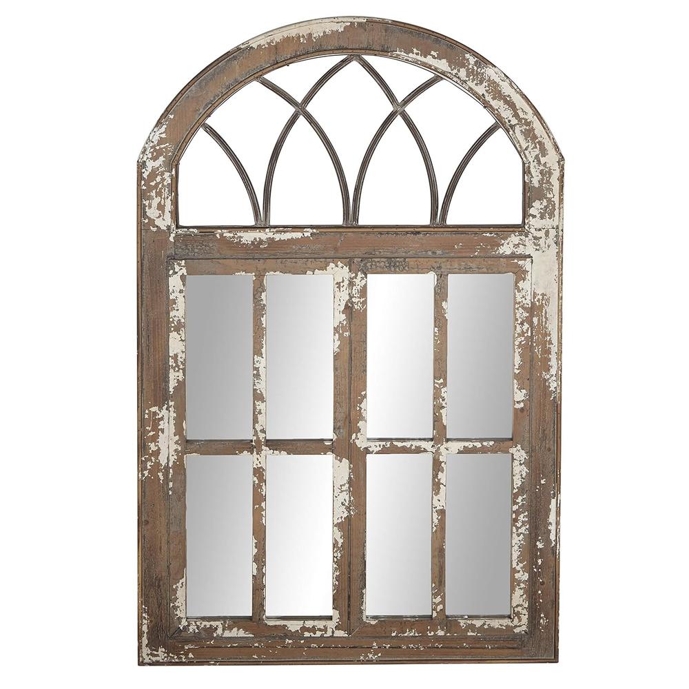 Deco 79 Glass Window Pane Inspired Wall Mirror with Arched Top, 30" x 2" x 48", Brown