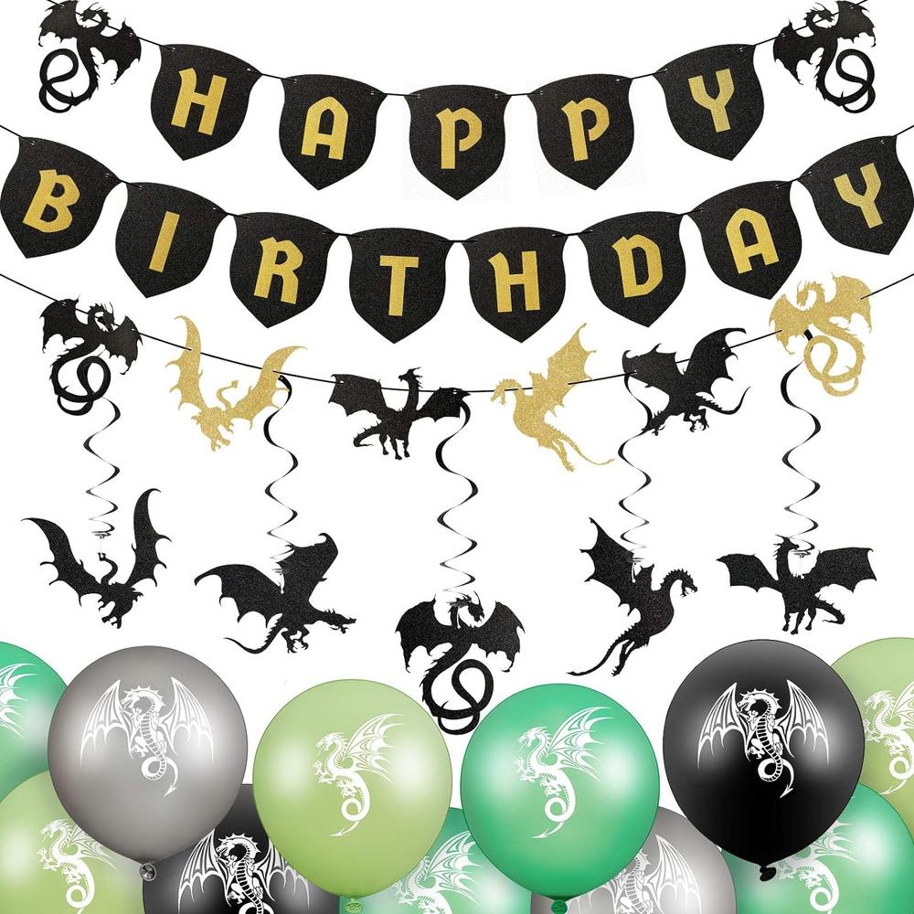 Great Choice Products 33 Pieces Dragon Birthday Party Supplies Dragon Decorations, 20 Dragon Balloons 3 Dragon Banners 10 Dragon Hanging Swirls For…