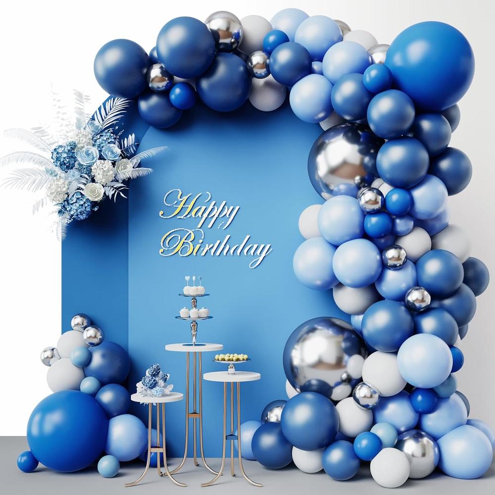 Great Choice Products 144Pcs Blue Balloons Arch Garland Kit, 18/12/10/5 Inch Blue White And Silver Party Balloons Silver Confetti Latex Balloons Fo…