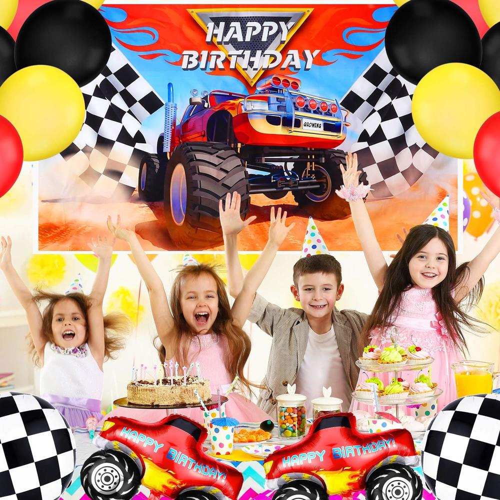 Great Choice Products 75 Pieces Truck Party Supplies Truck Balloons Decoration Set Including 1 Truck Themed Backdrop 2 Truck Balloons 2 Mosaic Race…