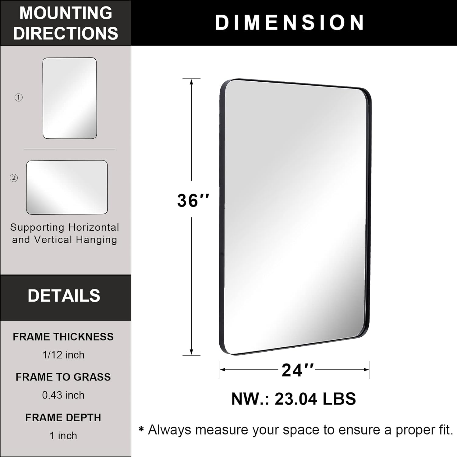 Great Choice Products Wall Mirror For Bathroom, 24X36 Inch Black Bathroom Mirror, Stainless Steel Metal Frame With Rounded Corner, Rectangle Glass …