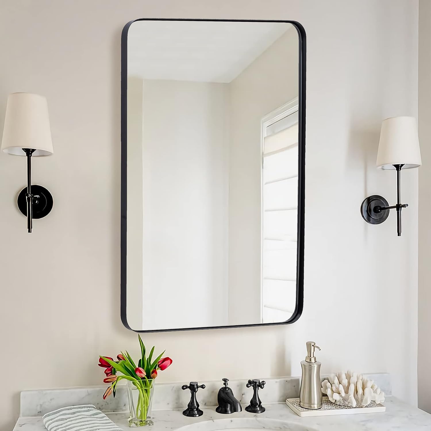 Great Choice Products Wall Mirror For Bathroom, 24X36 Inch Black Bathroom Mirror, Stainless Steel Metal Frame With Rounded Corner, Rectangle Glass …