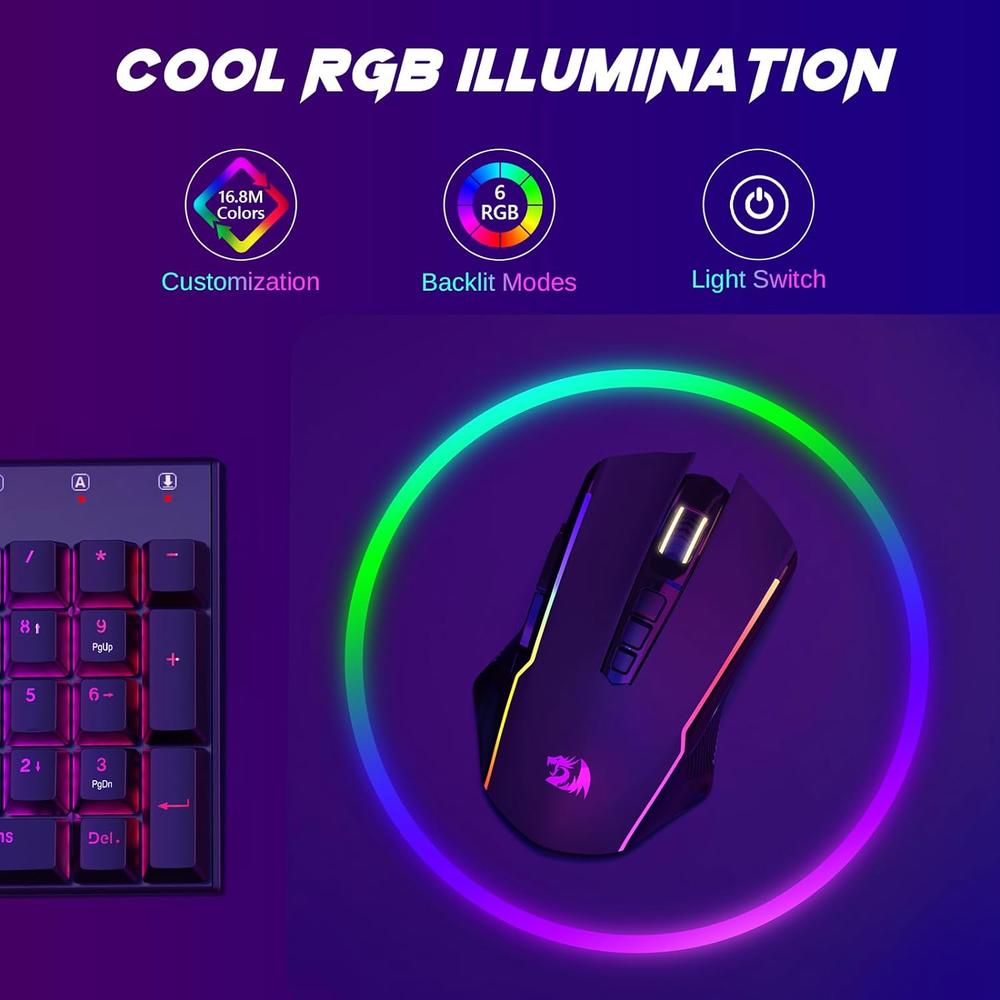 Redragon Wireless Gaming Mouse, Tri-Mode 2.4G/USB-C/Bluetooth Mouse Gaming, 10000 DPI, RGB Backlit, Fully Programmable, Recha…