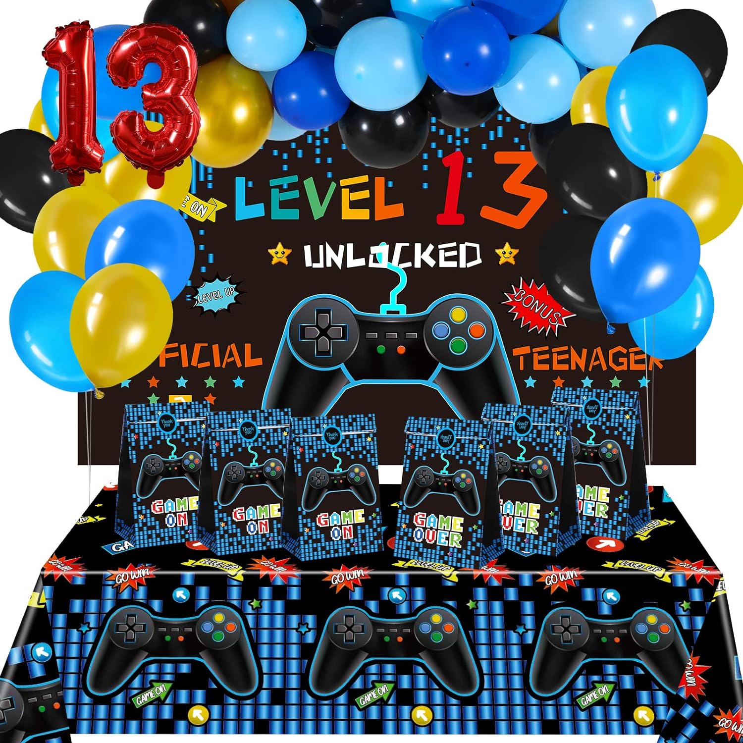 Great Choice Products 13Th Birthday Decorations For Boys Video Game Party Supplies 69 Pieces Level 13 Up Birthday Decoration, Video Game Backdrop T…