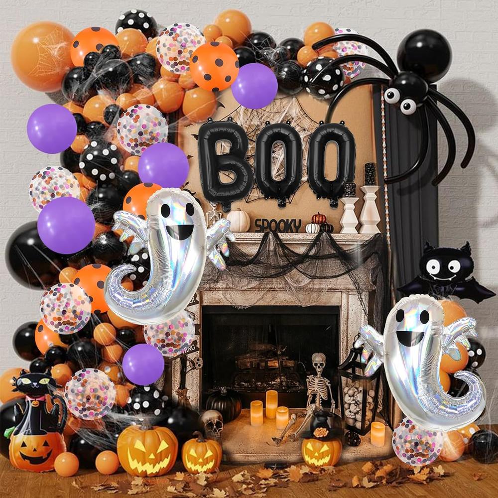 Great Choice Products 128 Pcs Halloween Confetti Balloons, Huge Spider Boo Ghost Aluminum Foil Balloons Black Orange Purple Helium Latex Balloons F…