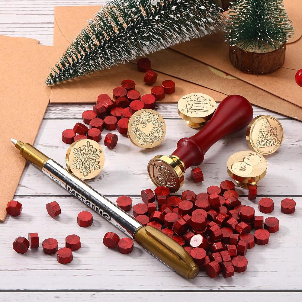 Great Choice Products 208 Pieces Christmas Wax Seal Stamp Kit, Include 6 Pieces Wax Stamp Brass Heads With Wooden Hilt, 200 Pieces Sealing Wax Bead…