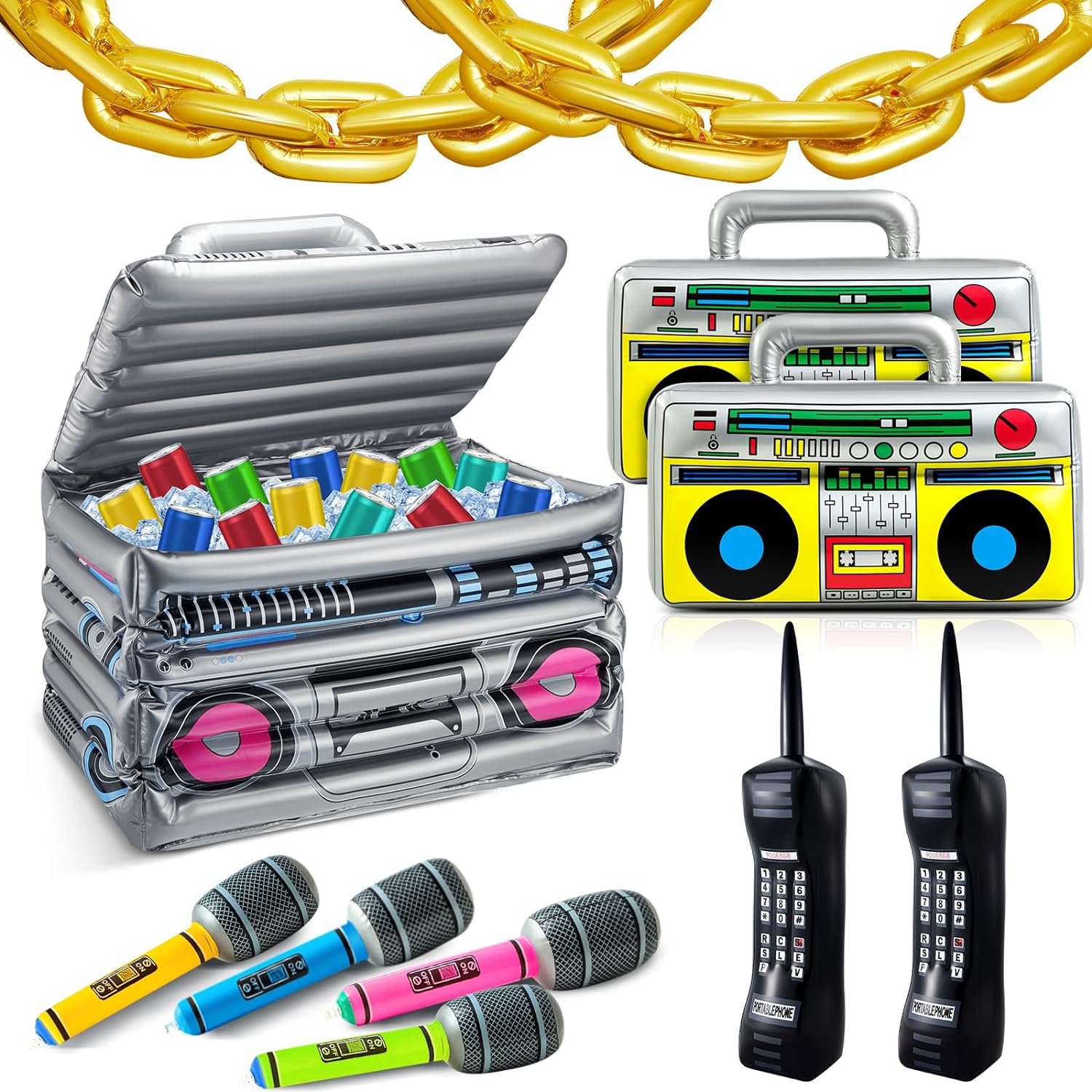 Great Choice Products 29 Pcs 80S 90S Party Decorations Include Inflatable Boom Box Beverage Cooler 20 Gold Foil Chain Balloons 2 Mobile Phones 2 Ra…