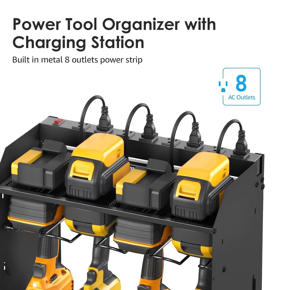 Great Choice Products Black Tools Organizer Wall Mount Charging Station, Power Tool Battery Storage Rack Built-In Power Strip. 8 Drill Holder, All …