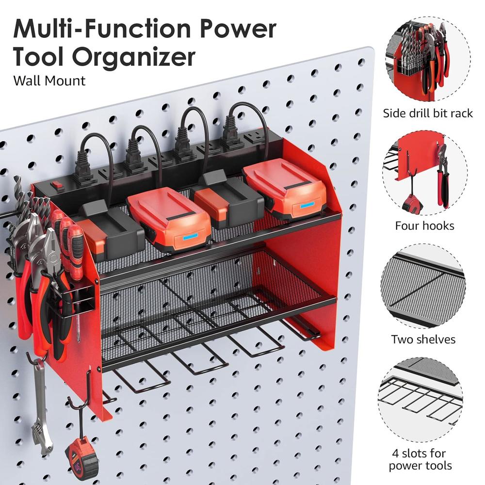 Great Choice Products Modular Power Tool Organizer Wall Mount With Charging Station. Garage 4 Drill Storage Shelf With Hooks, Screwdriver, Drill Bi…