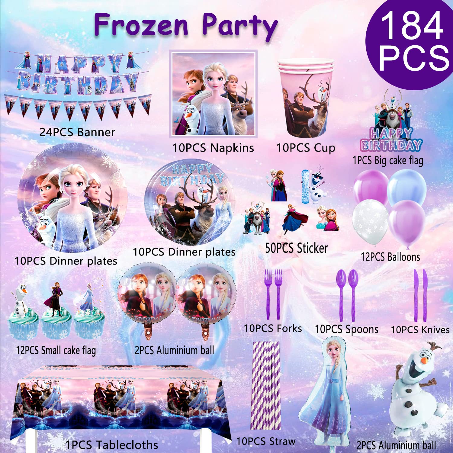 Great Choice Products Frozen Birthday Party Decorations,184Pcs Frozen Birthday Decorations&Tableware Set - Frozen Party Plates Cups Napkins Cake To…