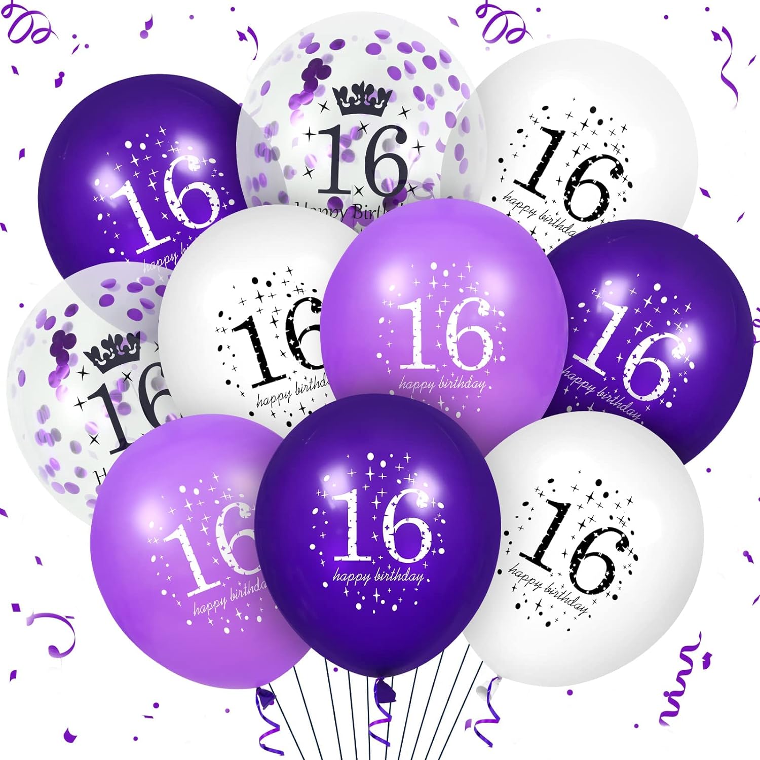 Great Choice Products 16Th Purple Birthday Balloons Decorations, 16Pcs Purple White Happy 16Th Birthday Confetti Latex Balloons For Girls Boys Happ…