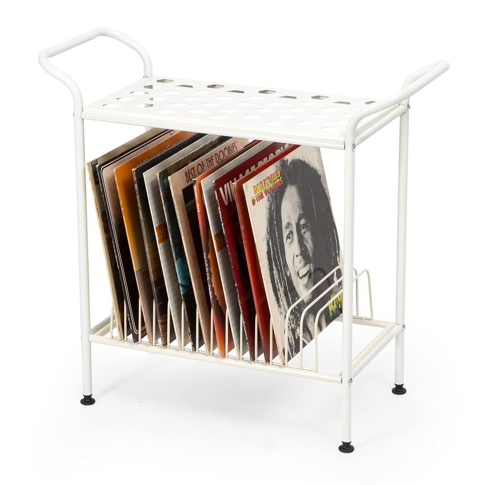 Great Choice Products 2-Tier White Metal Record Player Stand With 14 Slot Vinyl Record Holder - Turntable Storage With Record Shelf