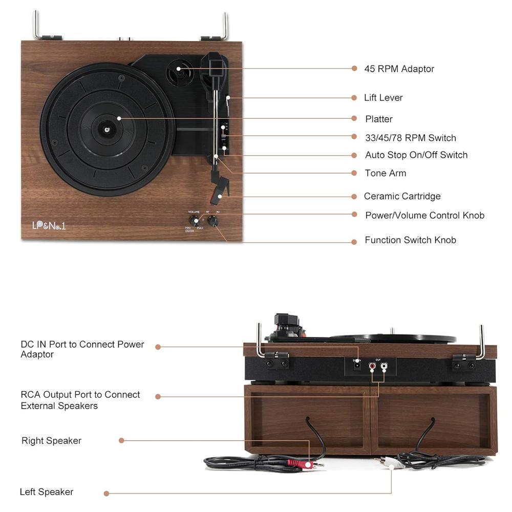 Great Choice Products Vintage Record Player With Dual External Speakers,Bluetooth Turntable With Rca Output & Bluetooth Input,Walnut Wood
