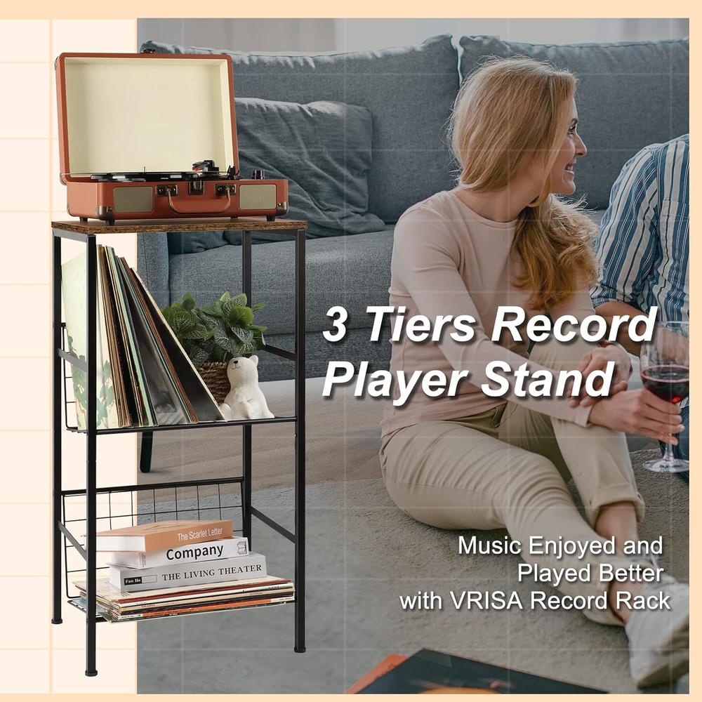 Great Choice Products Record Player Stand With Storage 3-Tier Vinyl Record Holder Turntable Stand With Record Storage Record Player Table With Albu…