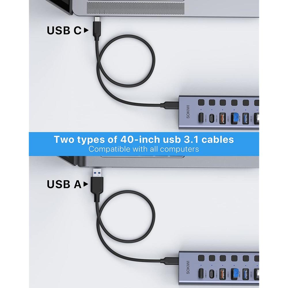 Great Choice Products Powered Usb Hub 3.0/3.1- Usb Hub- Aluminum Usb Port Hub Expender- Usb C Hub Splitter With Individual On/Off Switches For Lapt…
