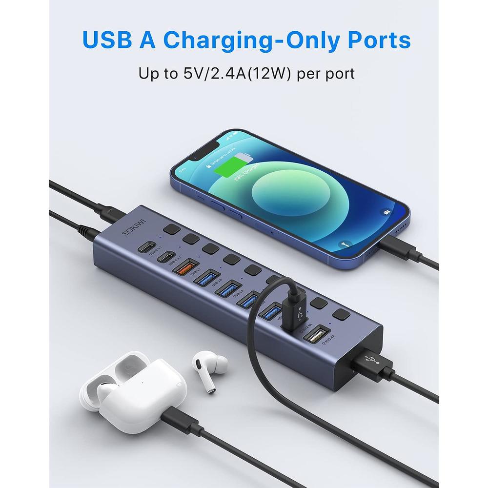 Great Choice Products Powered Usb Hub 3.0/3.1- Usb Hub- Aluminum Usb Port Hub Expender- Usb C Hub Splitter With Individual On/Off Switches For Lapt…