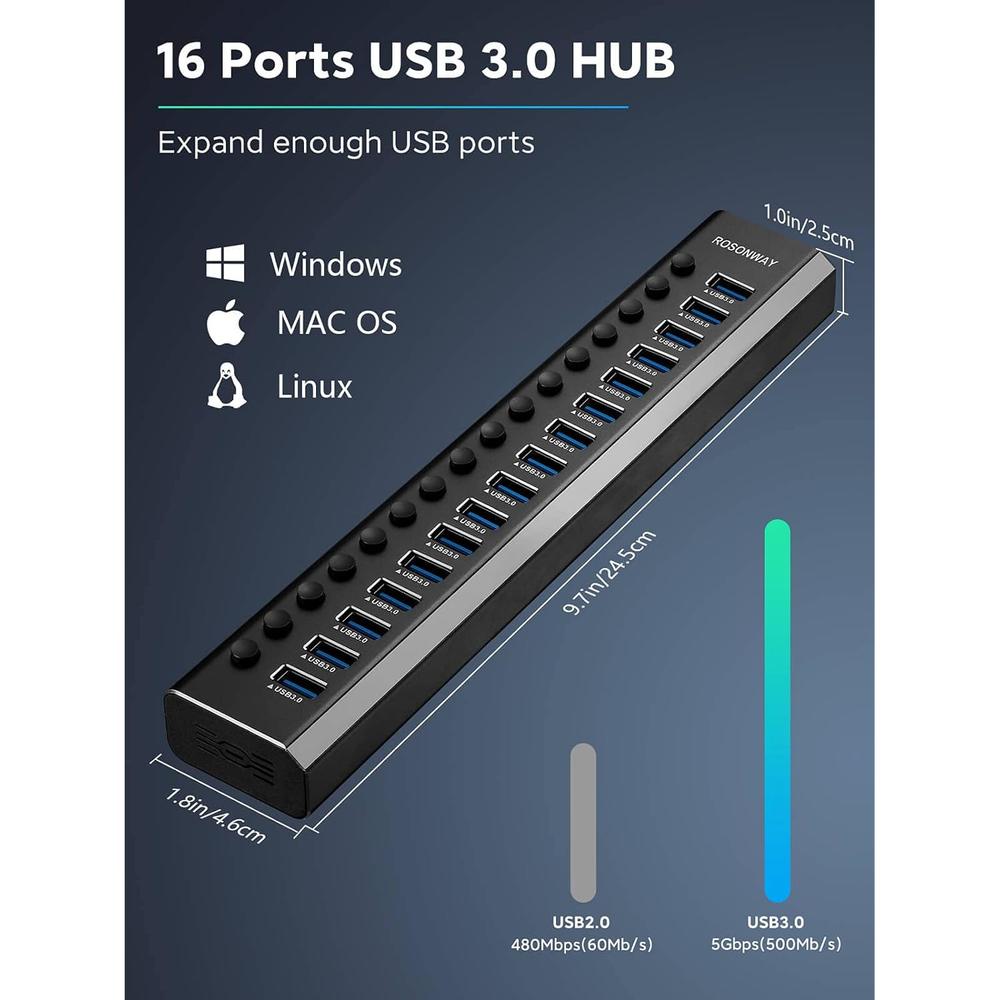 Great Choice Products Powered Usb Hub 16 Ports 100W Usb 3.0 Data Hub Aluminum Usb Hub 3.0 Splitter With 12V/8.3A Ul Certified Power Adapter And Ind…