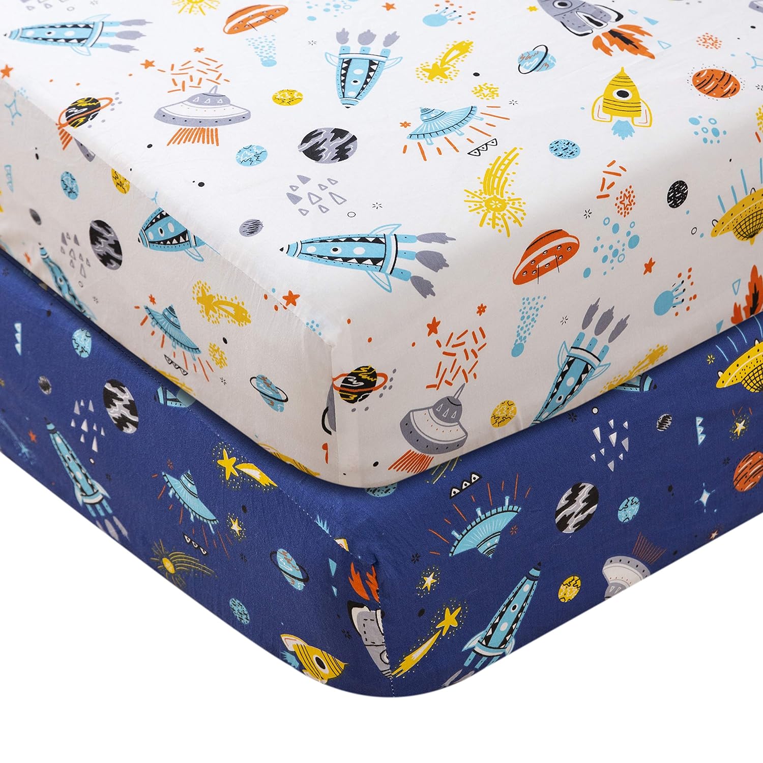 Great Choice Products Baby Boys Crib Sheet Sets Outer Space, Rocket & Planet Fitted Crib Sheets,2 Pack Navy/White Baby Infant Newborn Crib Mattress…