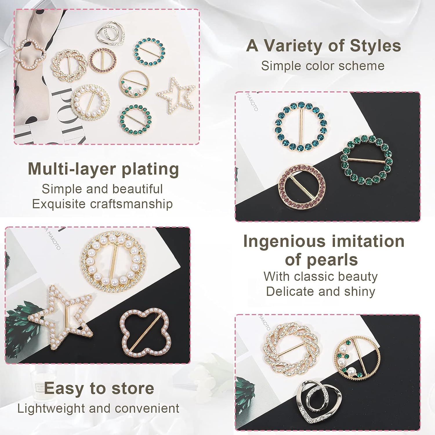 Great Choice Products T-Shirt Clips 9 Pcs, Clothes Corner Knotted Button, Fashion Alloy Pearl Rhinestone Circle Clip Buckle Round Shirt Silk Scarf …