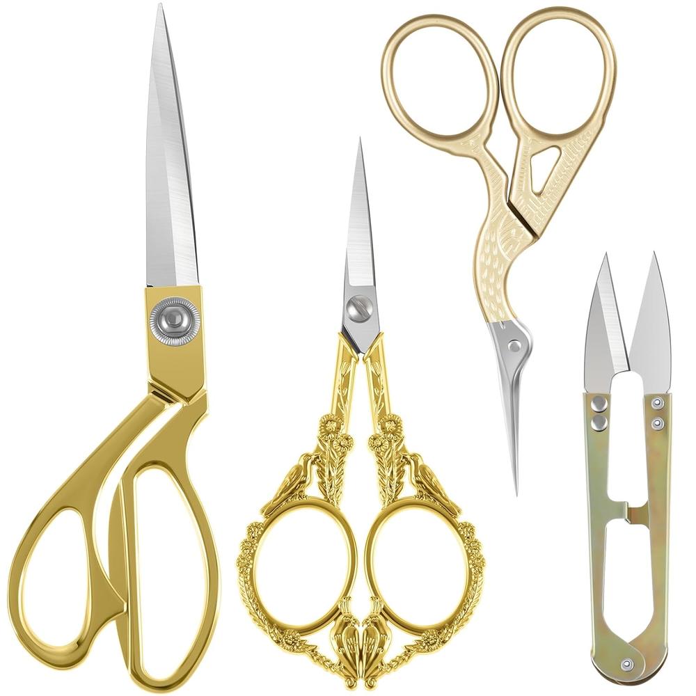 Great Choice Products 4 Pcs Gold Embroidery Scissors Set, 1 Pcs Heavy Duty Tailor Scissors 1 Pcs Vintage European Style Scissors 1 Pcs Stork Shape …