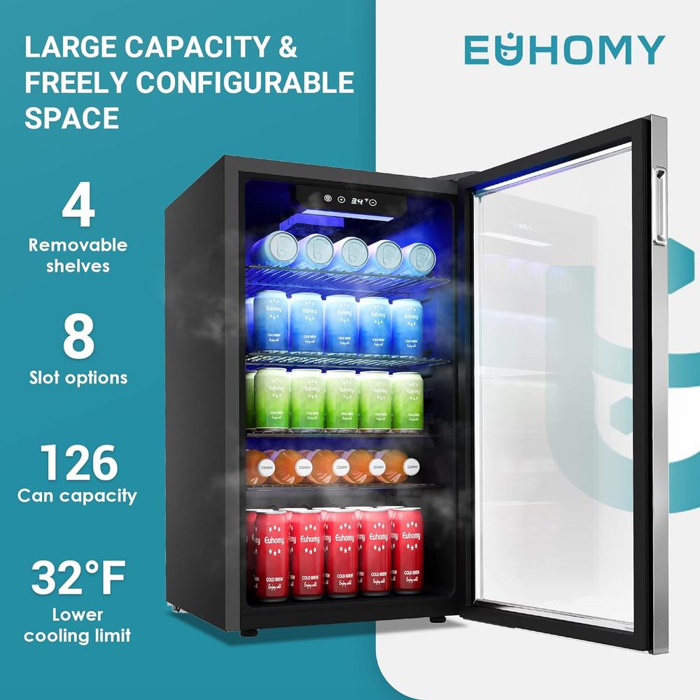 Great Choice Products Euhomy Beverage Refrigerator And Cooler, 126 Can Mini Fridge With Glass Door, Small Refrigerator With Adjustable Shelves For …