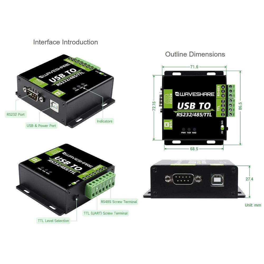 Waveshare USB to RS232/485/TTL Interface Converter Power and ADI magnetical Industrial Isolation Waveshare USB to RS232/485/TTL Interface Converter Power and ADI magnetical Industrial Isolation