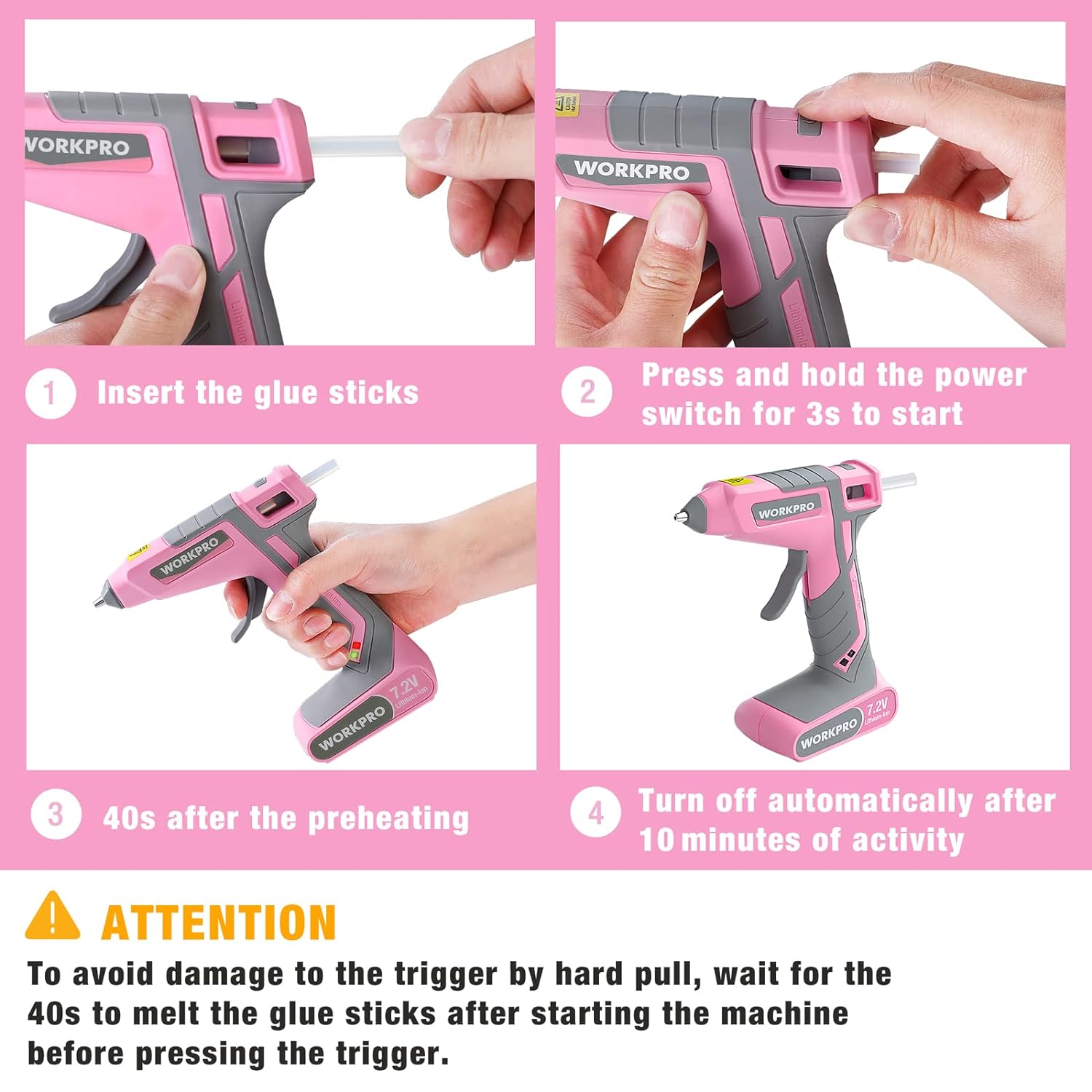 WORKPRO Pink Cordless Hot Melt Glue Gun, 7.2V Rechargeable Fast Preheating Glue Gun Kit with 20 Pc Premium Glue Stick, Automa…