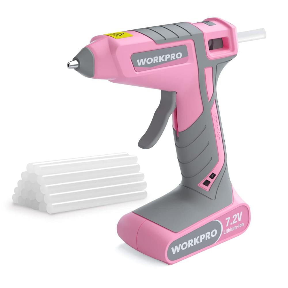 WORKPRO Pink Cordless Hot Melt Glue Gun, 7.2V Rechargeable Fast Preheating Glue Gun Kit with 20 Pc Premium Glue Stick, Automa…