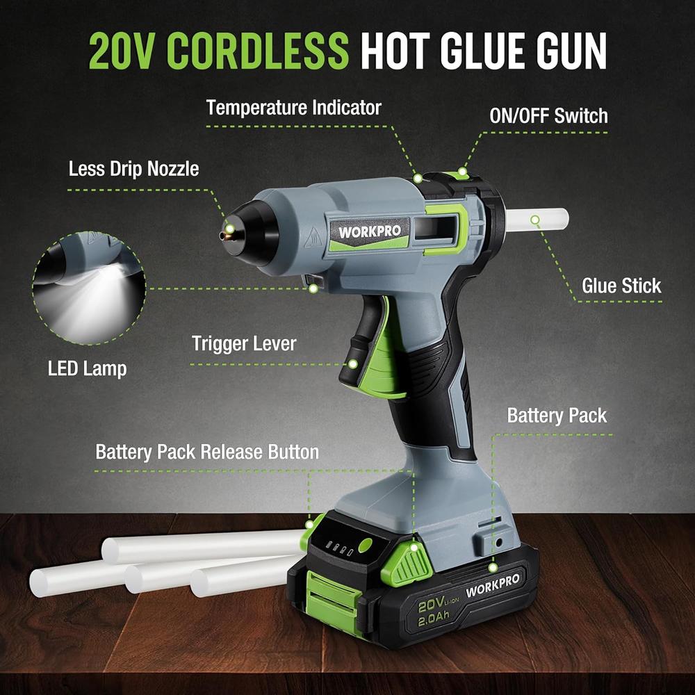 WORKPRO Cordless Hot Glue Gun Kit, 20V 2.0 Ah Li-ion Battery Powered Rechargeable Melt Glue Gun with Stand, 45S Fast Preheati…