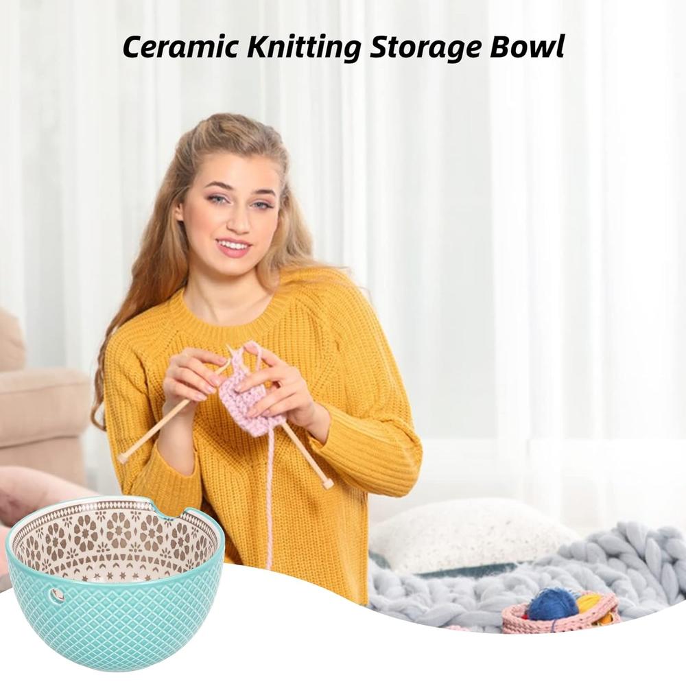 Great Choice Products Ceramic Knitting Yarn Bowl Holder, Handmade Yarn Storage Bowl With Holes 6.1 X 3.7In Diy Crocheting Knitting Bowl Wool Holder…