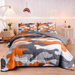 Great Choice Products Kids Camo Bedding Set, Army Camouflage Bedding Queen Comforter Set For Boys Girls Teens Bedroom Decoration, 3Pcs (Orange, Que…