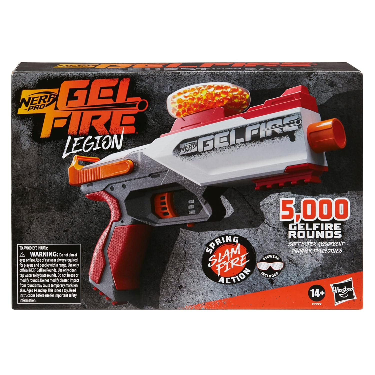 Hasbro Nerf Pro Gelfire Legion Spring Action Blaster, 5000 Gelfire Rounds, 130 Round Hopper, Protective Eyewear, Slam Fire, Ages 14