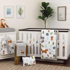 NoJo Dreamer Little Woodland Friends 8 Piece Nursery Crib Bedding Set, Grey/Tan/Aqua/White