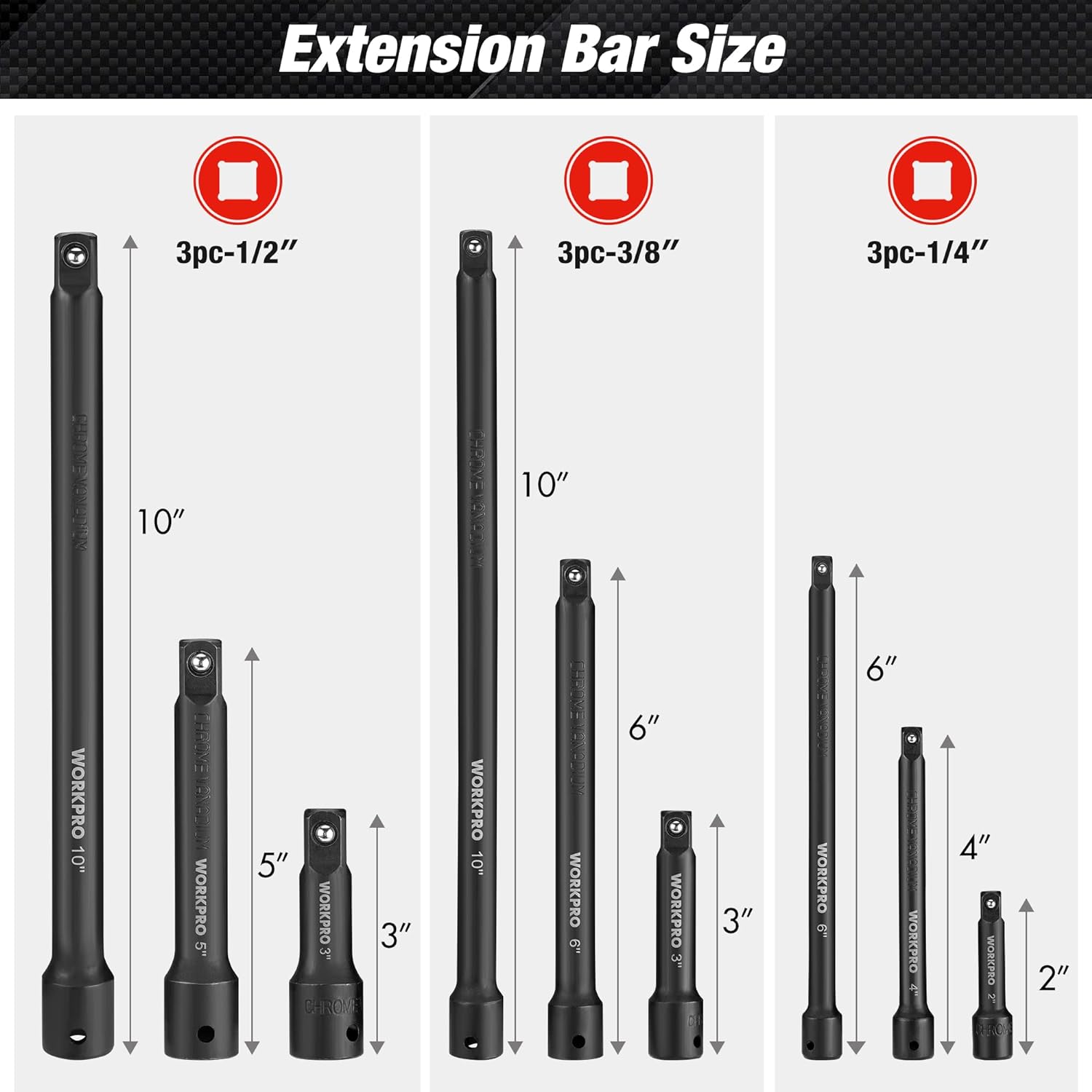 WORKPRO 9 PCS Impact Driver Extension Bar Set, 1/4", 3/8" and 1/2" Drive Socket Extension, Premium Chrome Vanadium Steel with…