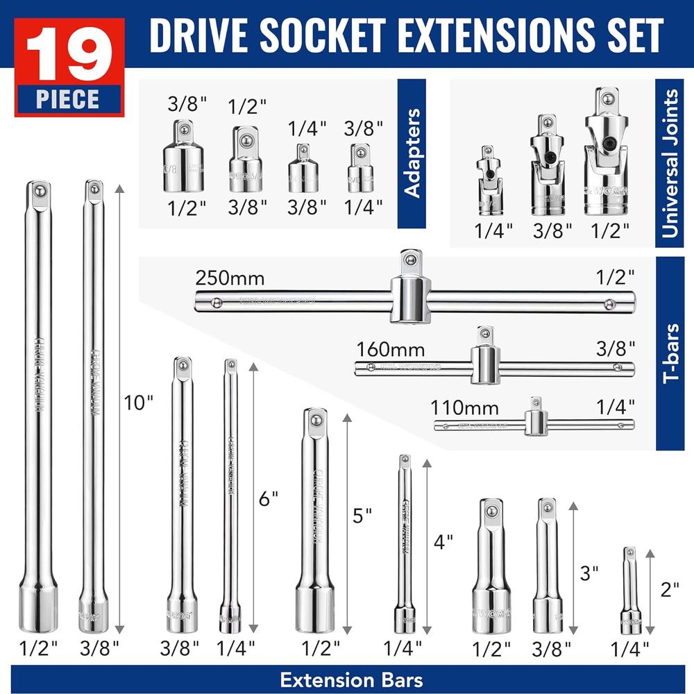 WORKPRO 19-Piece Drive Socket Extensions Set, Includes Socket Adapters, Extensions, Universal Joints and Sliding Bar T-handle…