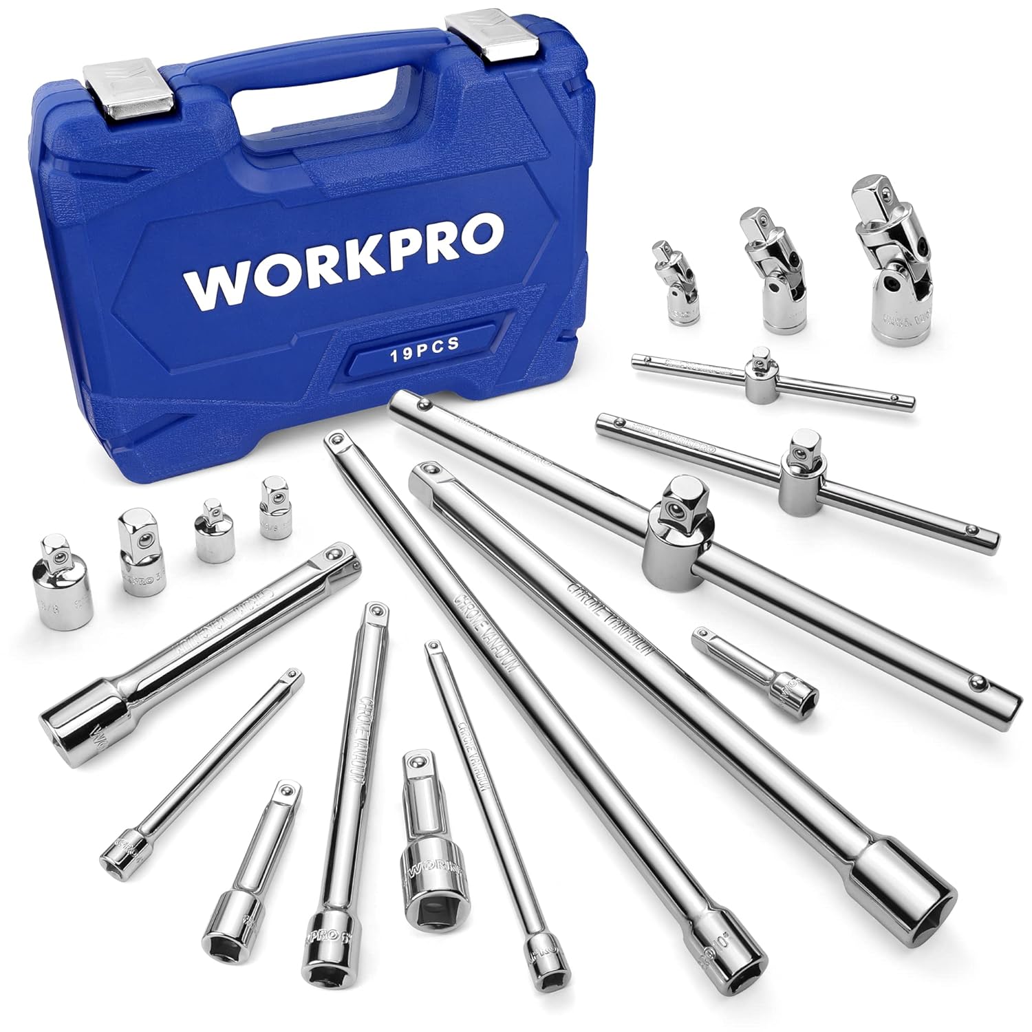WORKPRO 19-Piece Drive Socket Extensions Set, Includes Socket Adapters, Extensions, Universal Joints and Sliding Bar T-handle…