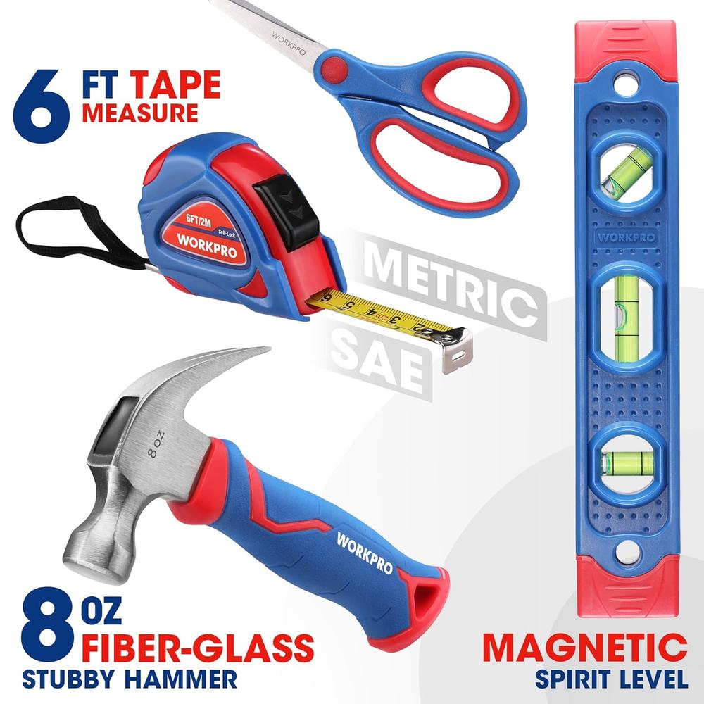 WORKPRO Beginner Tool Set with 12 Inch Steel Tool Box with Wheels ...