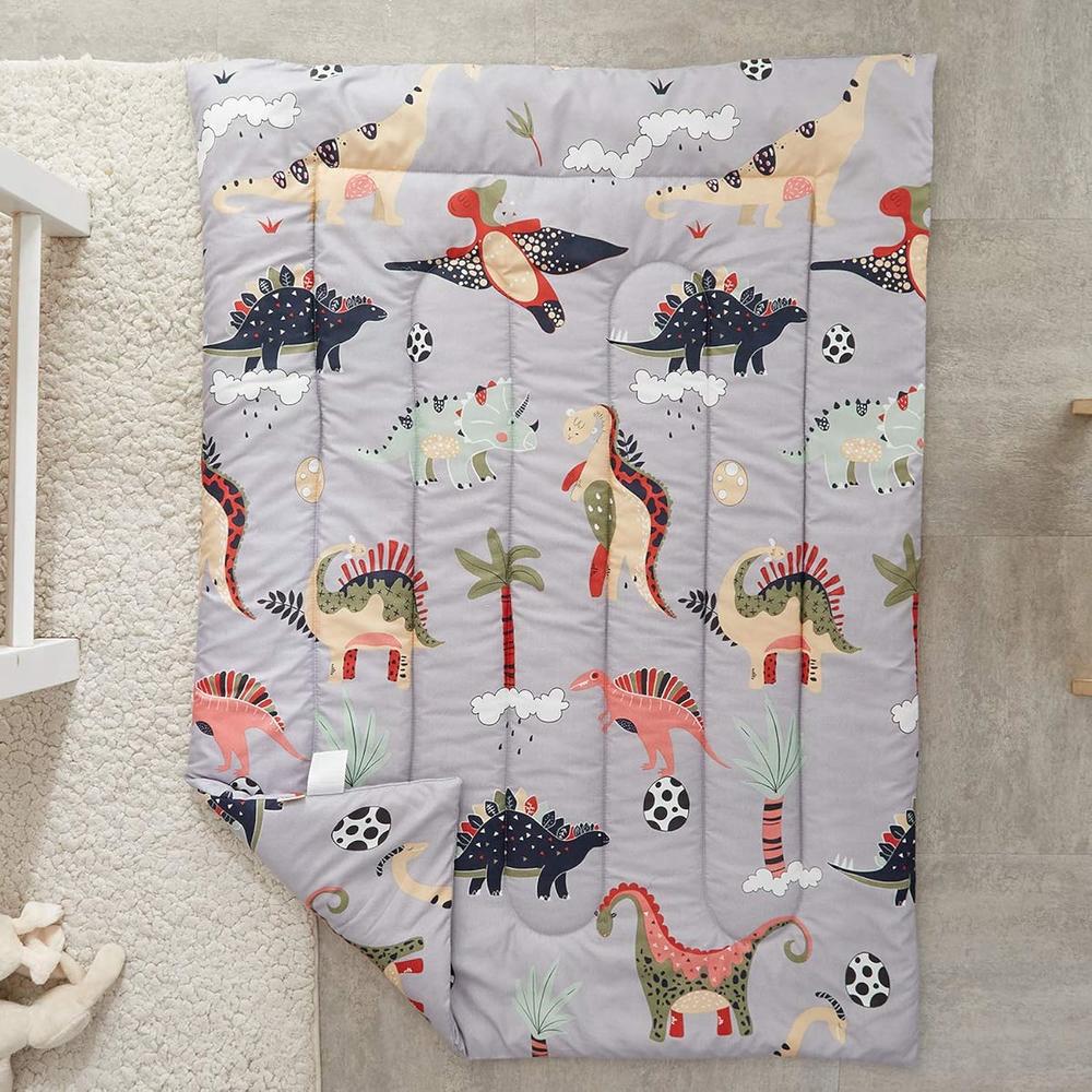 Great Choice Products 4 Piece Gray Dinosaurs Toddler Bedding Set With Colorful Dinos Boys Bed Comforter Sheet Set