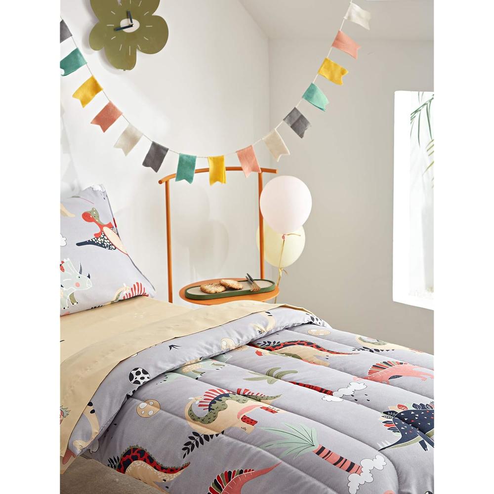 Great Choice Products 4 Piece Gray Dinosaurs Toddler Bedding Set With Colorful Dinos Boys Bed Comforter Sheet Set